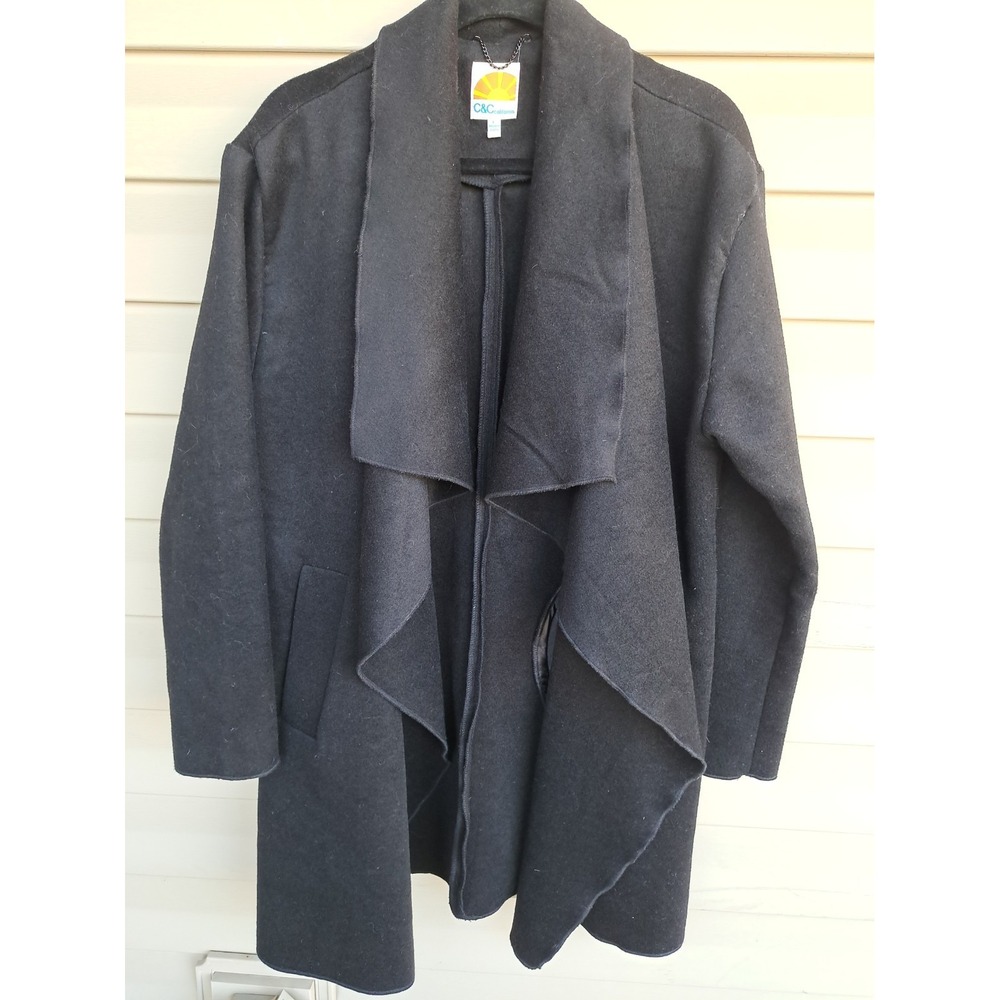 C & C California Women's Black Wool Blend Open Front Long Sleeve Coat Jacket L